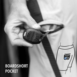 FCS x Sharkbanz POD shark deterrent devices wearing in board short