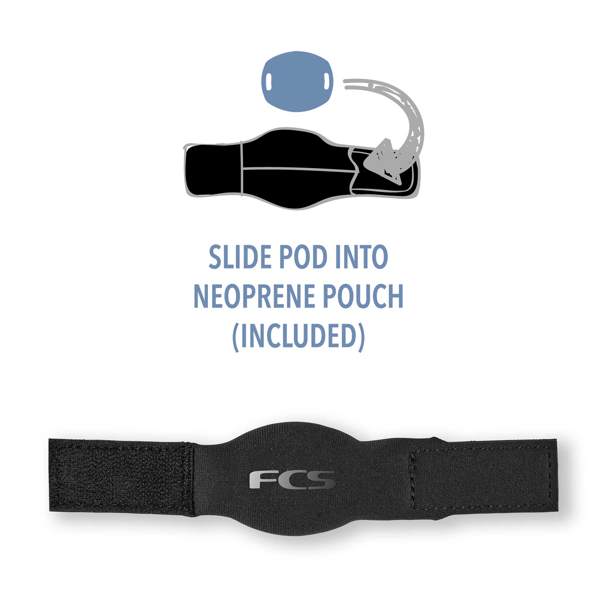 Neoprene pouch with FCS logo and text indicating to slide V FCS x Sharkbanz POD 