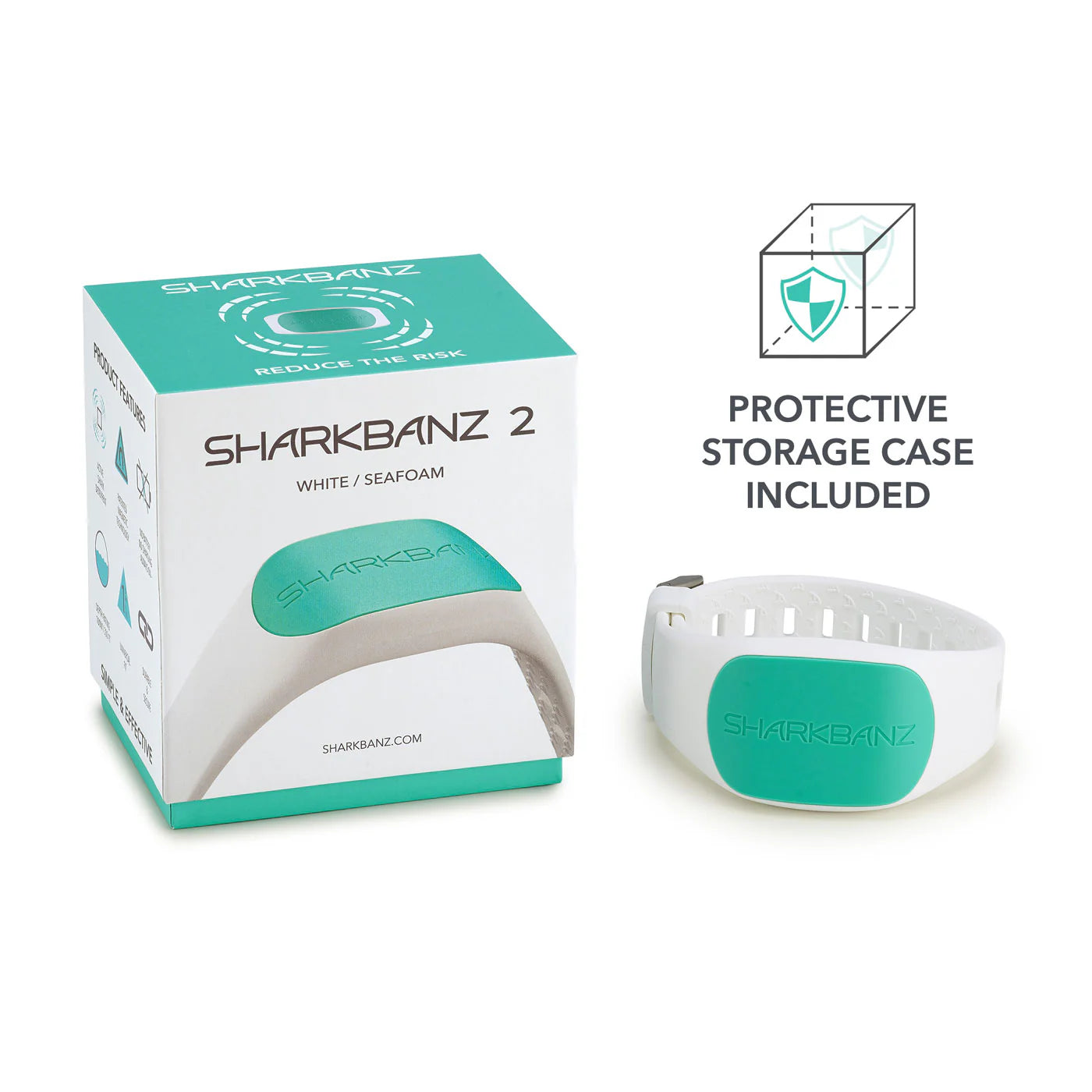 Sharkbanz 2 product colour White/Seafoam with packaging and protective storage case on a white background. Sharkbanz shark deterrent band for surfers swimmers and ocean athletes in Australia