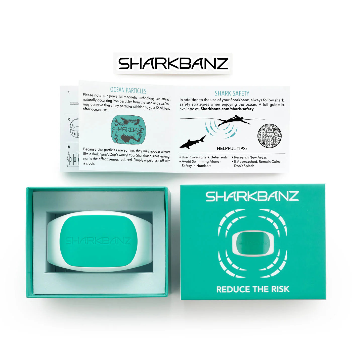 Sharkbanz product with packaging and instructions on a white background. Sharkbanz shark deterrent band for surfers swimmers and ocean athletes in Australia
