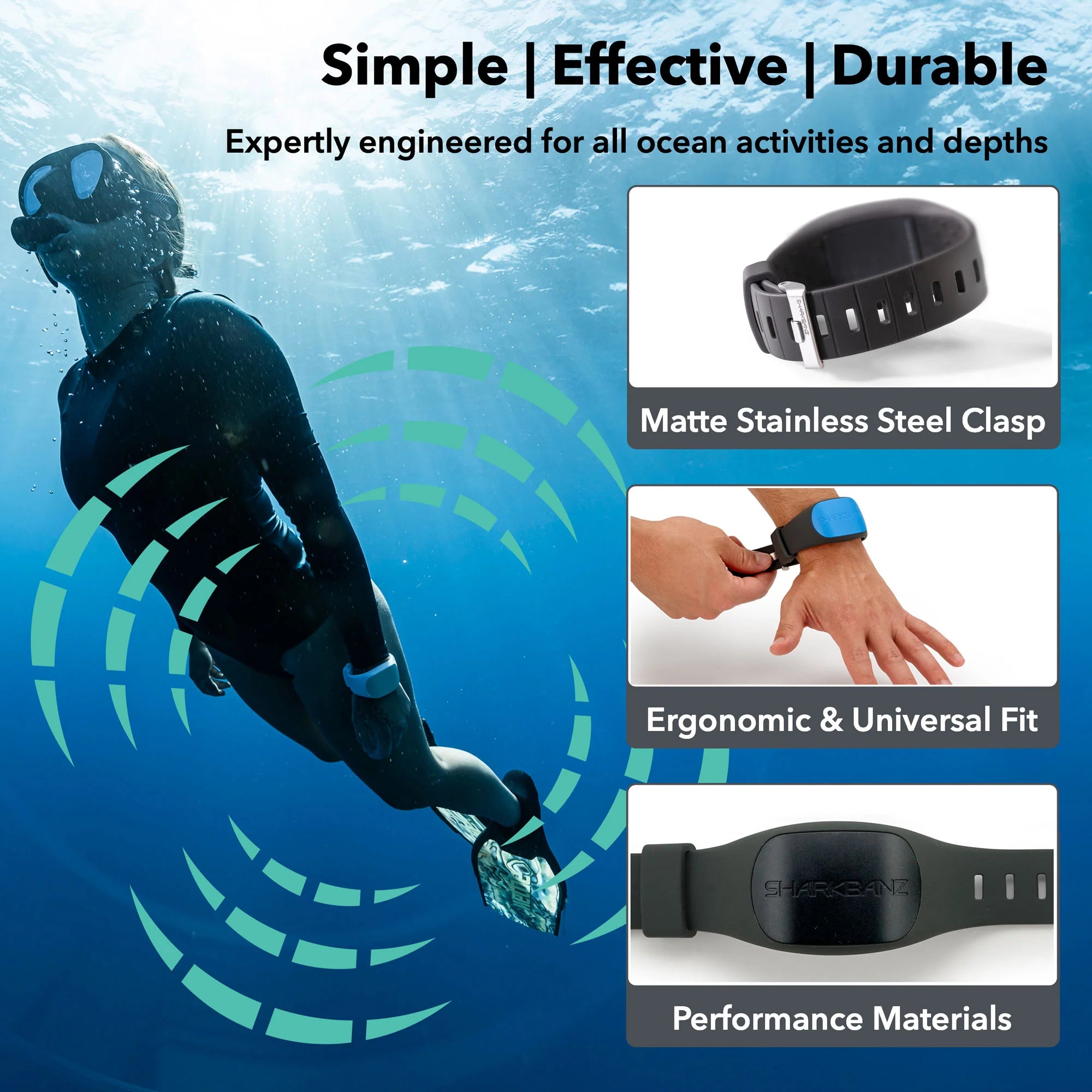 Person diving underwater with a Sharkbanz shark deterrent band for surfers swimmers and ocean athletes in Australia